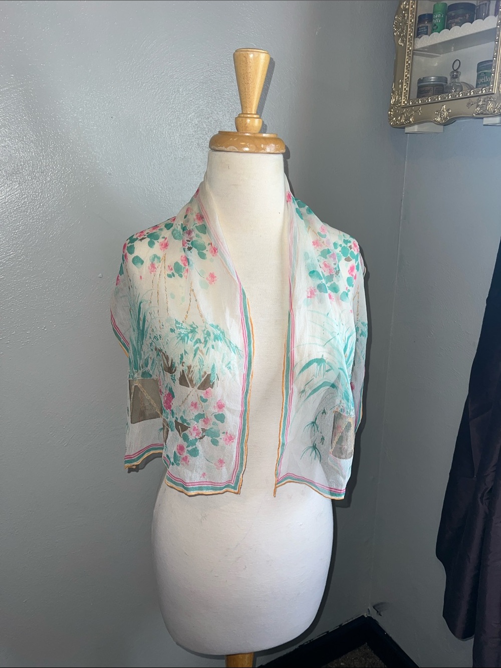 Vintage Vera Lightweight Floral Sheer Scarf White with Pink & Green